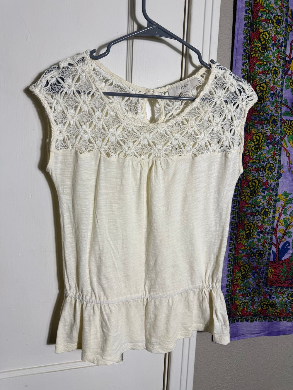 LOFT Ivory Crochet Lace Yoke Peplum Top Cap Sleeve Boho Blouse - XS